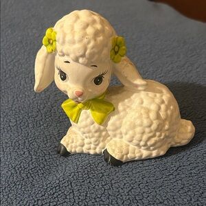 Adorable White Lamb Figurine with Green Accents